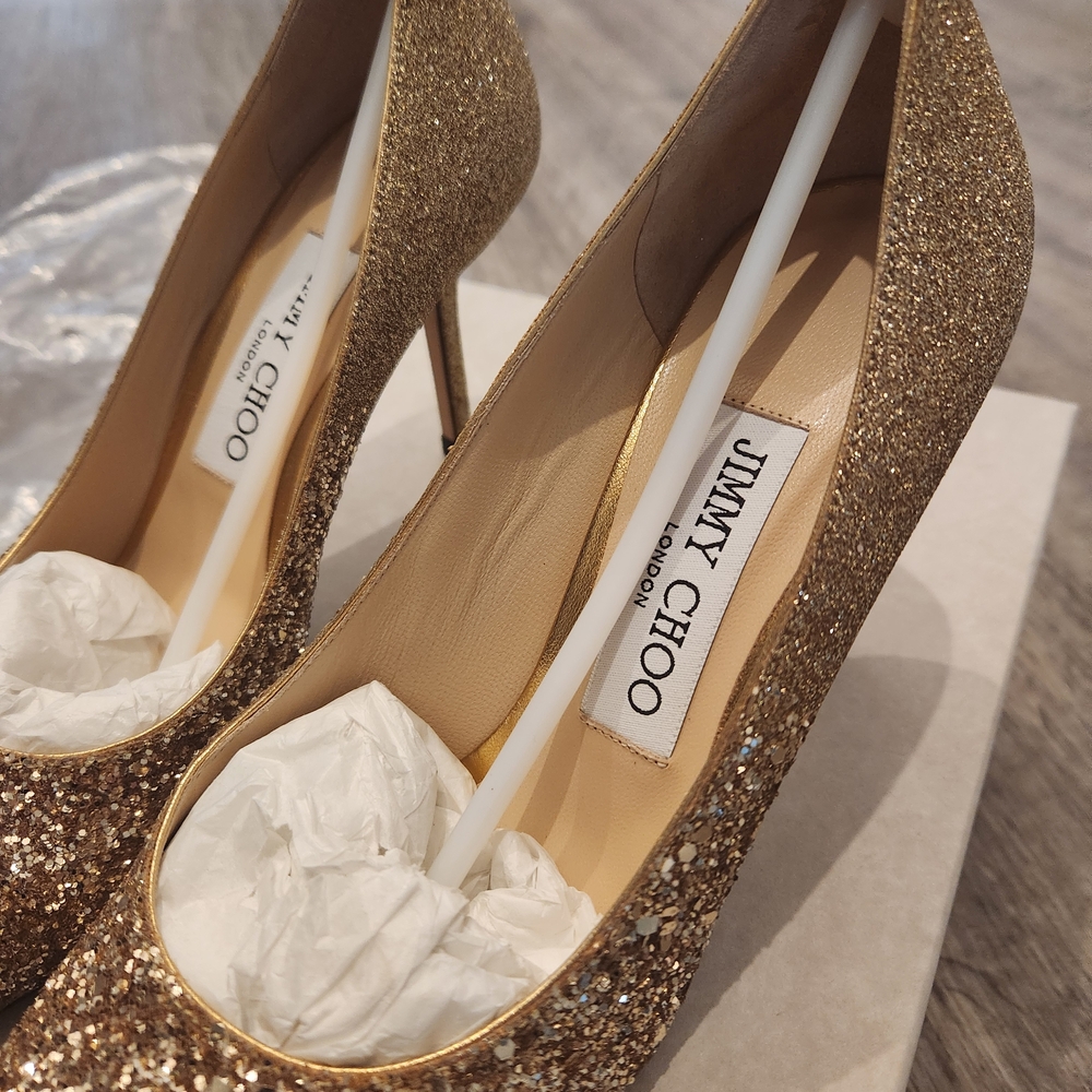 Jimmy Choo Gold Glitter Women's Heels - Picture 3 of 5